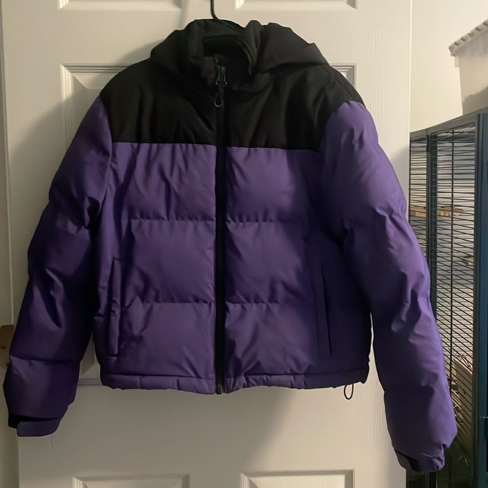 purple and black puff coat